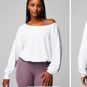 Fabletics Luxe Terry Off the Shoulder Pull Over Sweatshirt Oversized